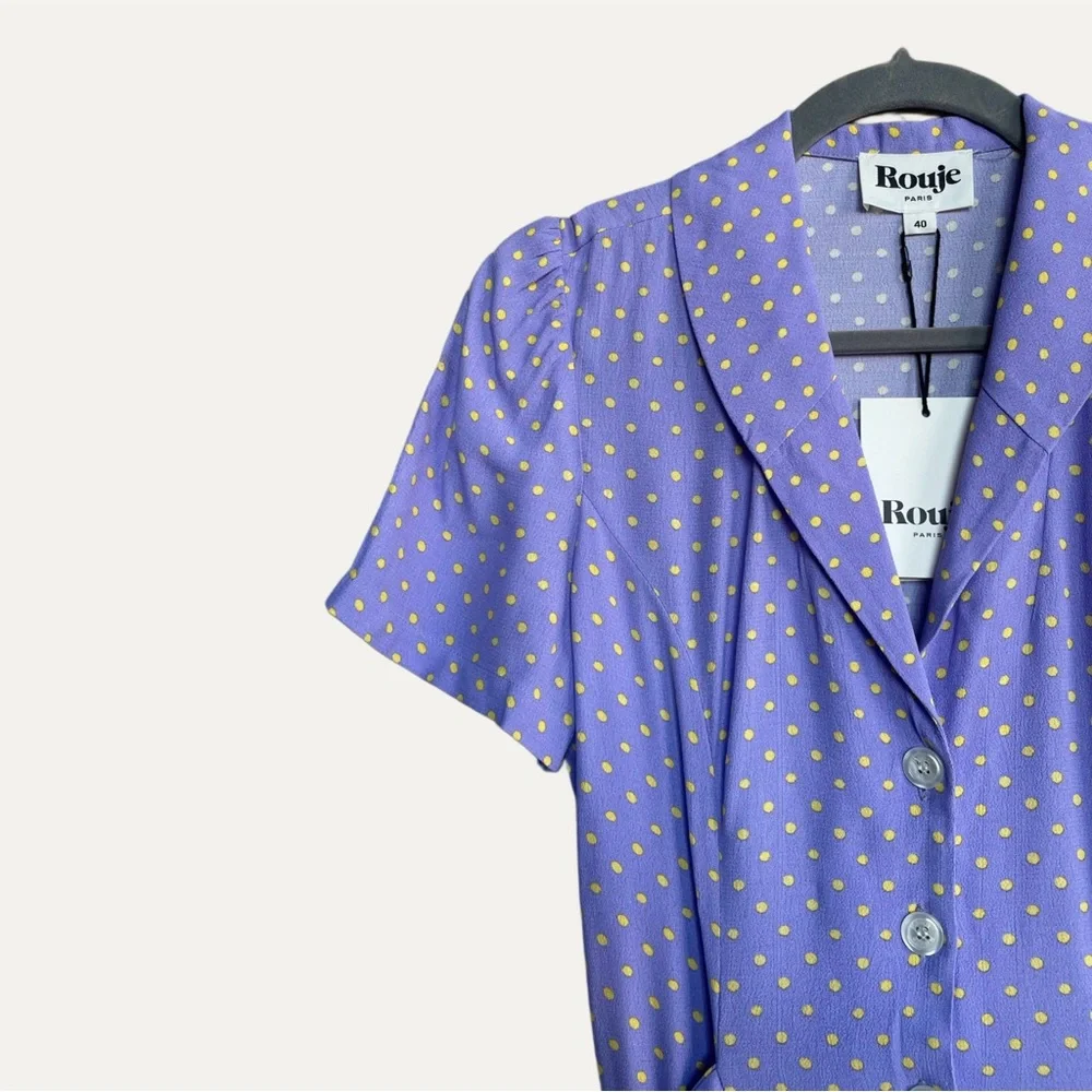 ROUJE NWT Lilac Purple Yellow Polka Dot Printed Button Down Marin Midi Dress 40 - Picture 5 of 17